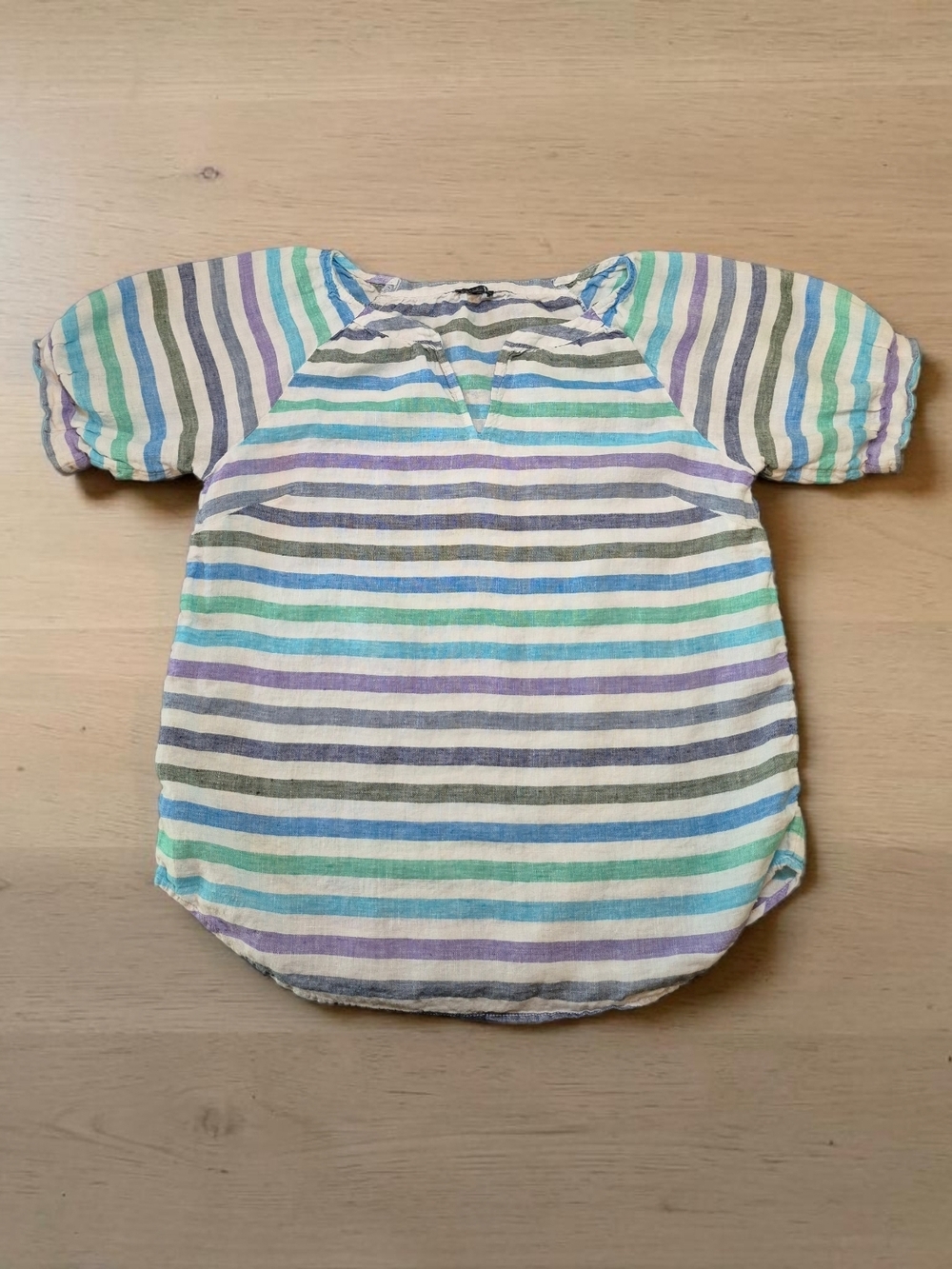 Talbots Linen Striped Puff Sleeve Tee in Blue, Green & Purple
